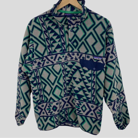 Patagonia Synchilla Snap T Fleece Grey Green Blue Mountain Siete Print Small - Picture 2 of 10